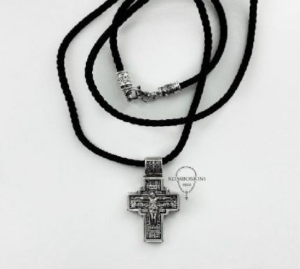 Нательный крест с гайтаном (ювелирный сплав) Распятие и  Богородица
