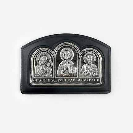 Икона автомобильная «Триптих» из натуральной кожи с серебрением (малый)